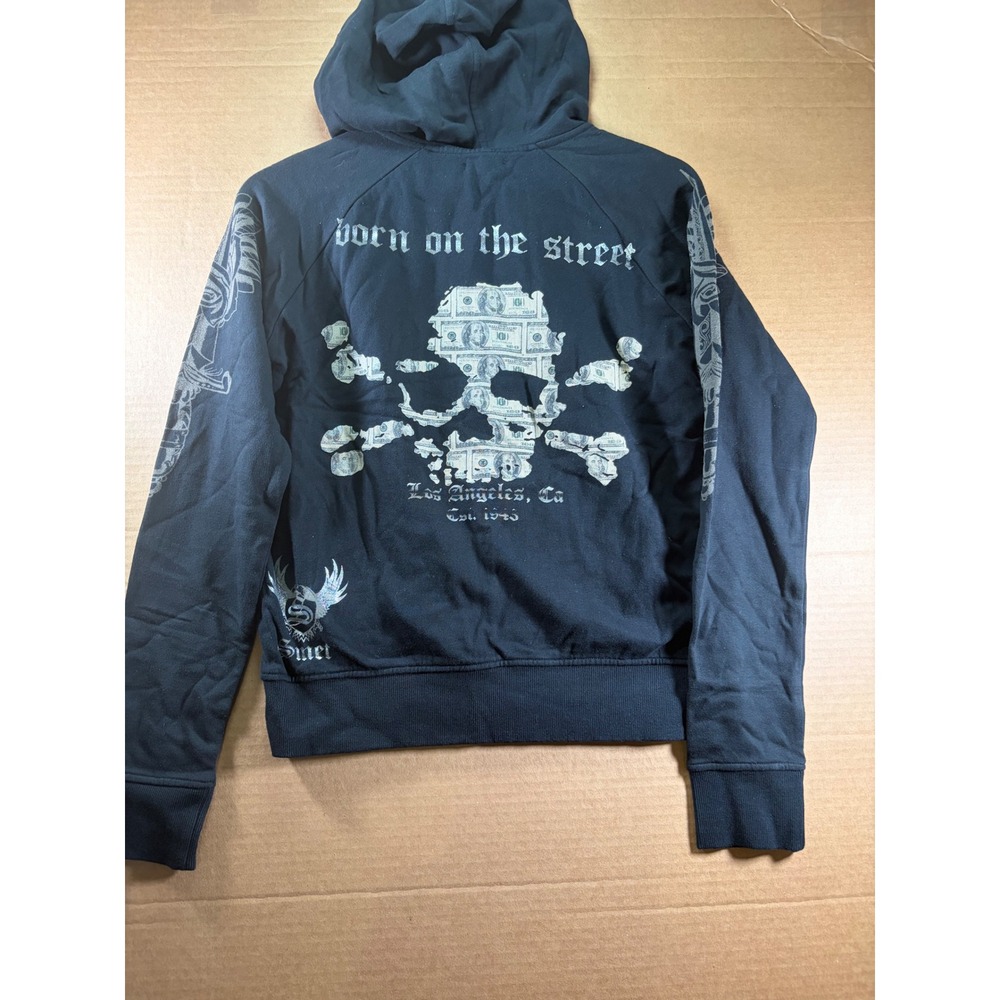 Smet Zip Hoodie Mens Large Black Studded Skull Graphic Y2K Born On Street NWT